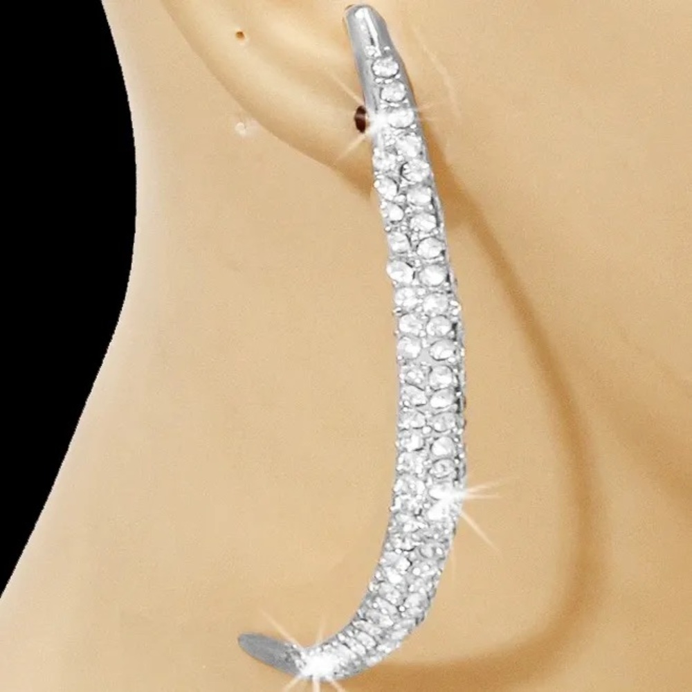 4.25" Long Pave Set Crystal cz Curved statement bling large Hoop Earrings silver